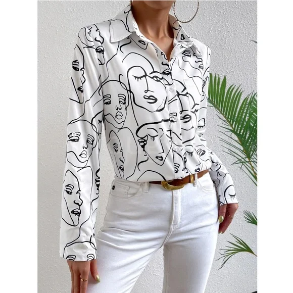 Abstract Face Print White Button Up Down Shirt Chest Pocket Long Sleeve - Picture 5 of 8